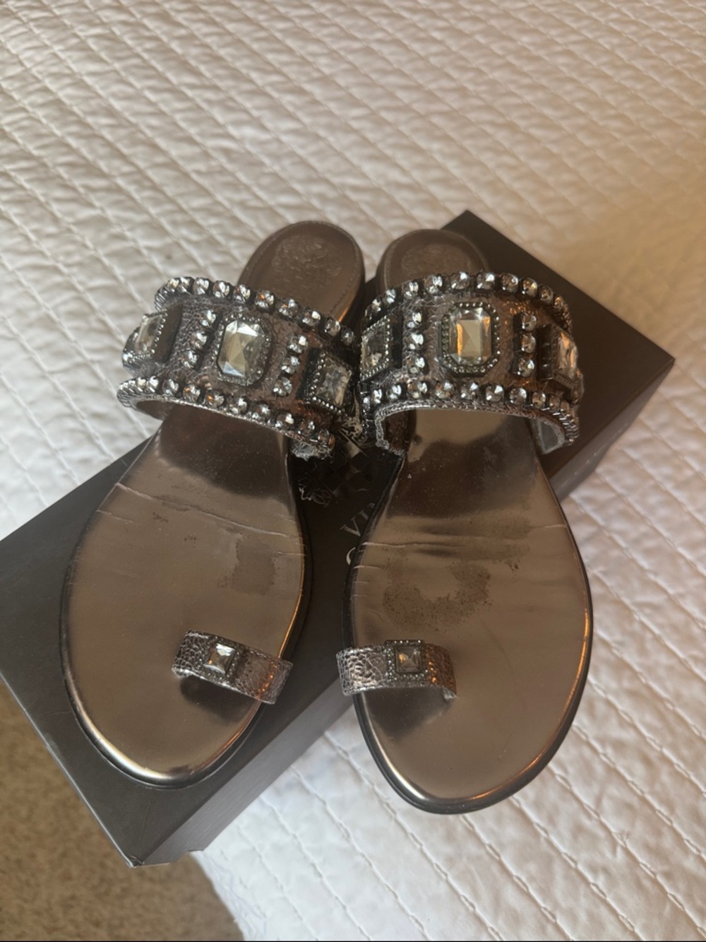Vince Camuto Silver Jeweled Toe-Loop Slide Sandals